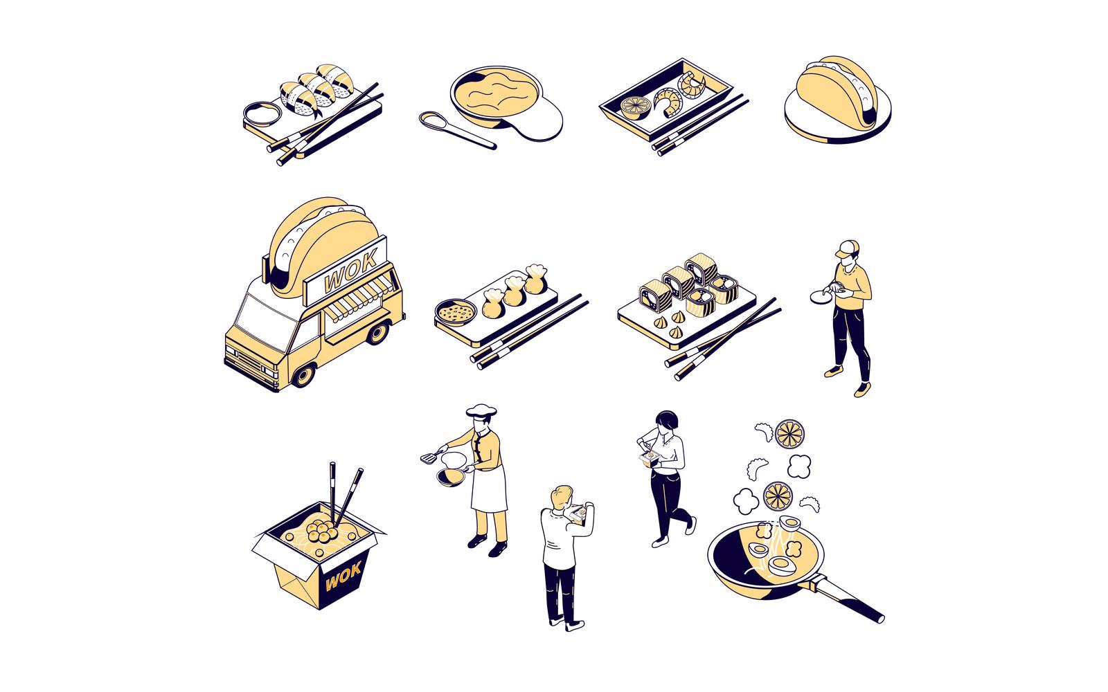 Asian Food Wok Menu Isometric Vector Illustration Concept