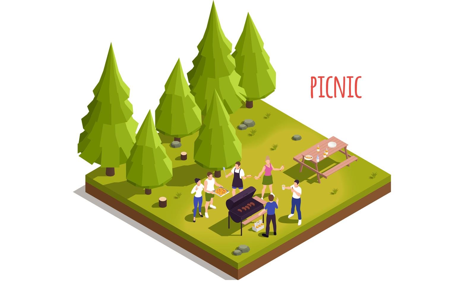 Family Picnic Barbecue Isometric 4 Vector Illustration Concept