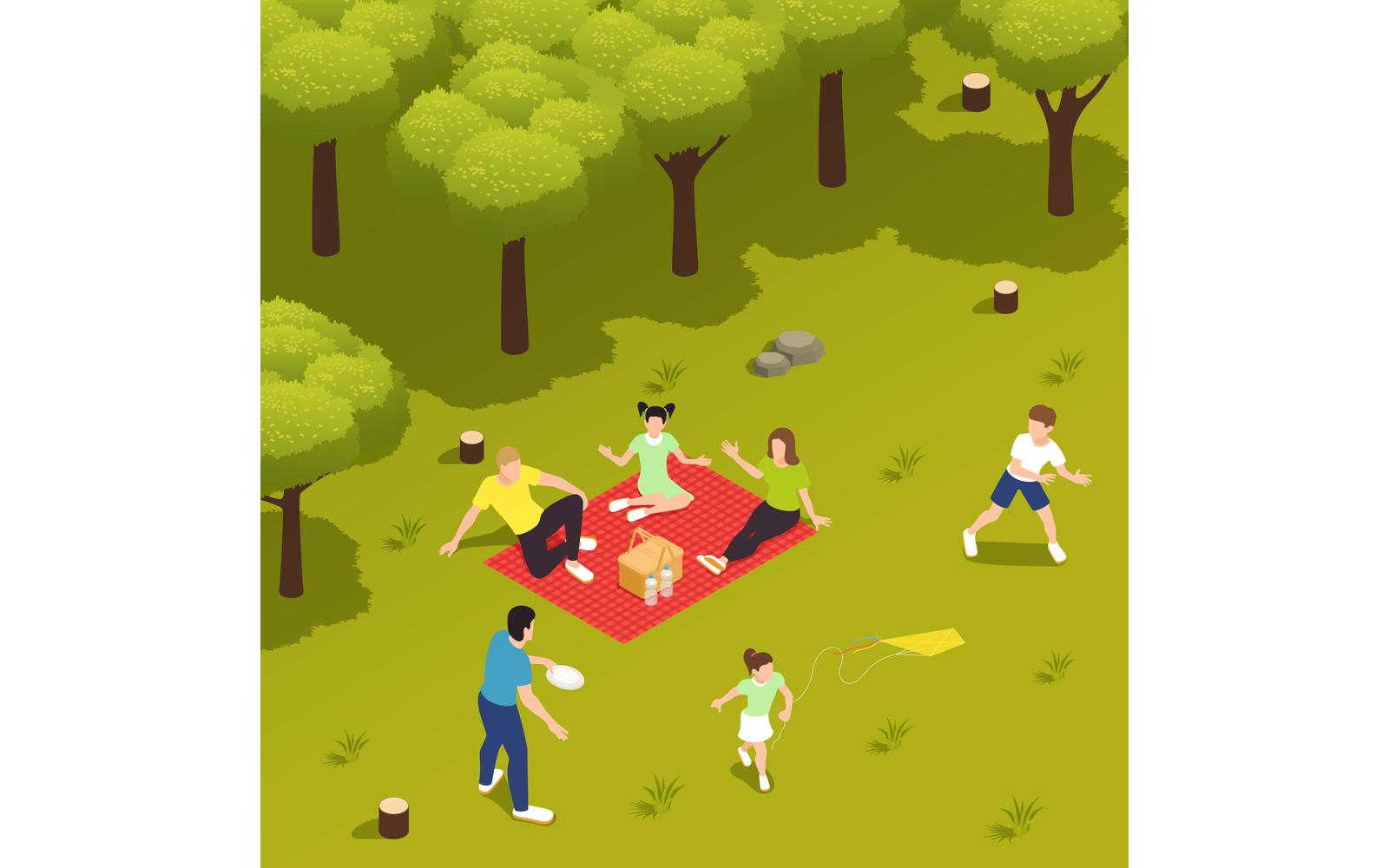 Family Picnic Barbecue Isometric 6 Vector Illustration Concept