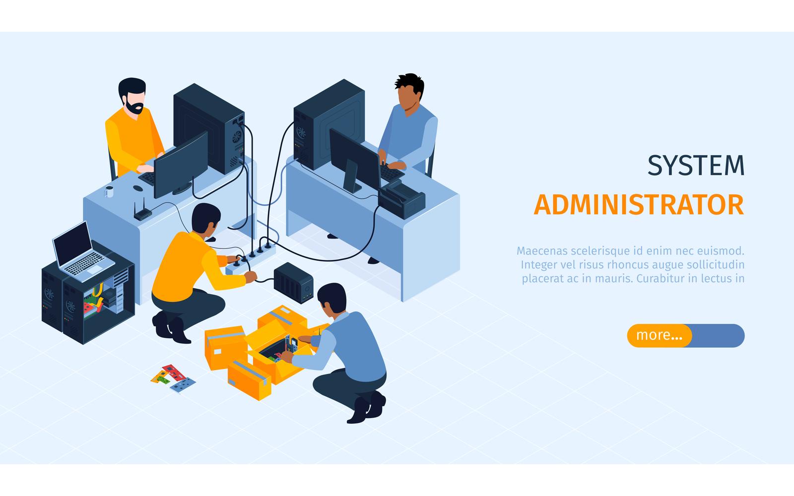 Isometric System Administrator Horizontal Banner Vector Illustration Concept