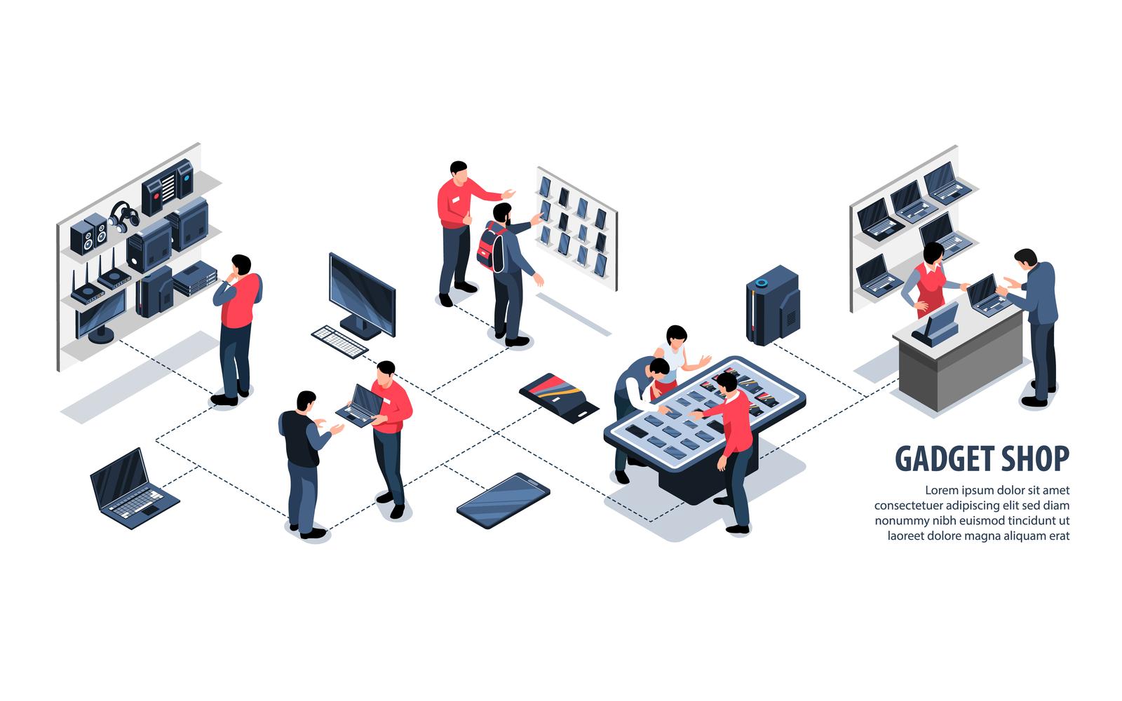 Isometric Gadget Shop Infographics Vector Illustration Concept