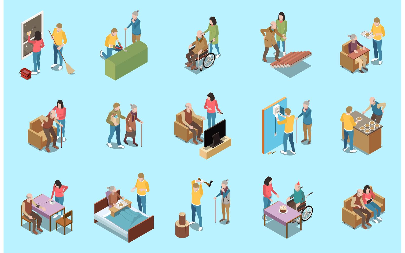 Elderly People Professional Social Help Service Isometric Set Vector Illustration Concept