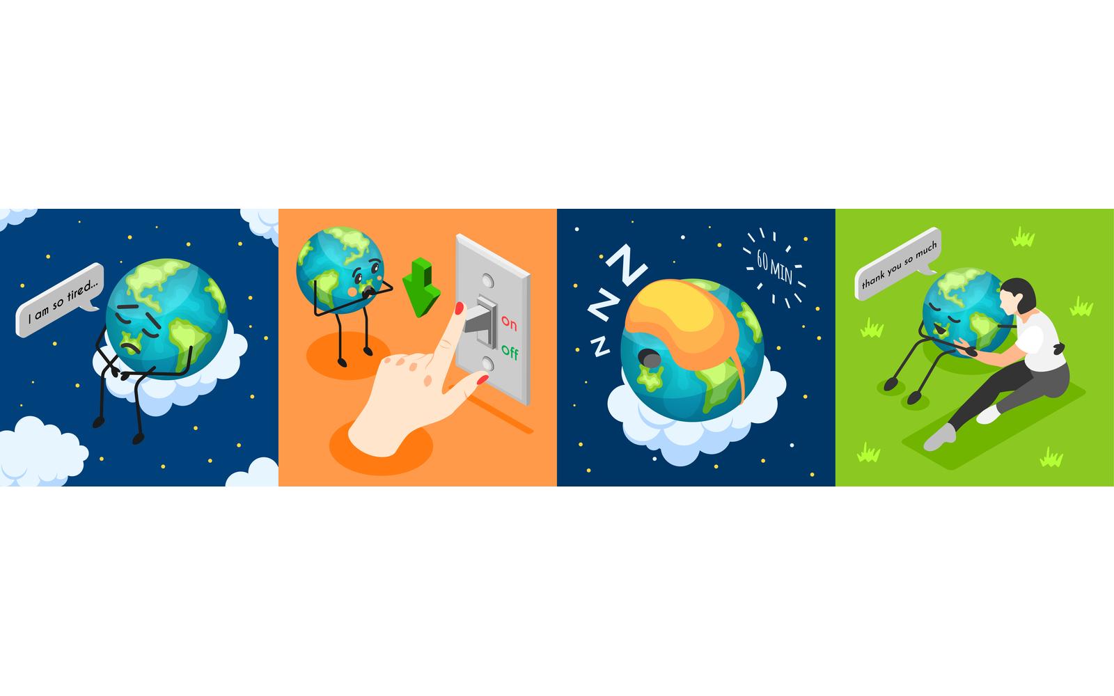 Earth Hour Isometric Composition Vector Illustration Concept