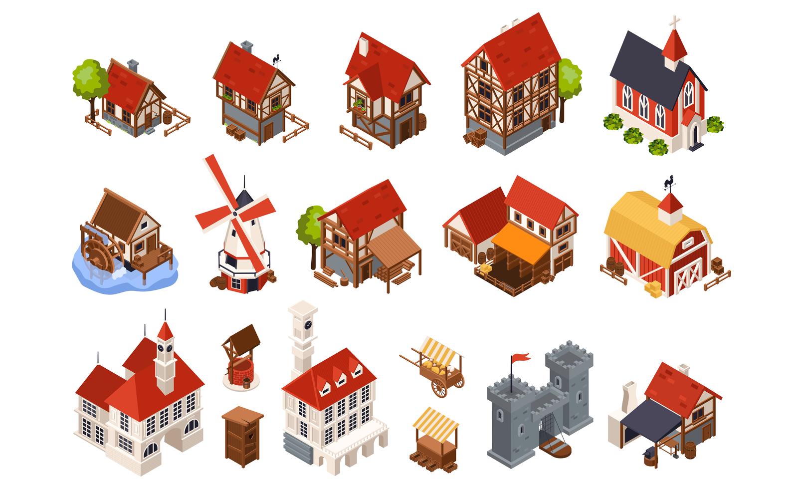 Medieval Architecture Isometric Set Vector Illustration Concept