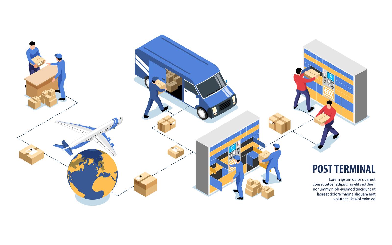 Isometric Post Terminal Infographics Vector Illustration Concept