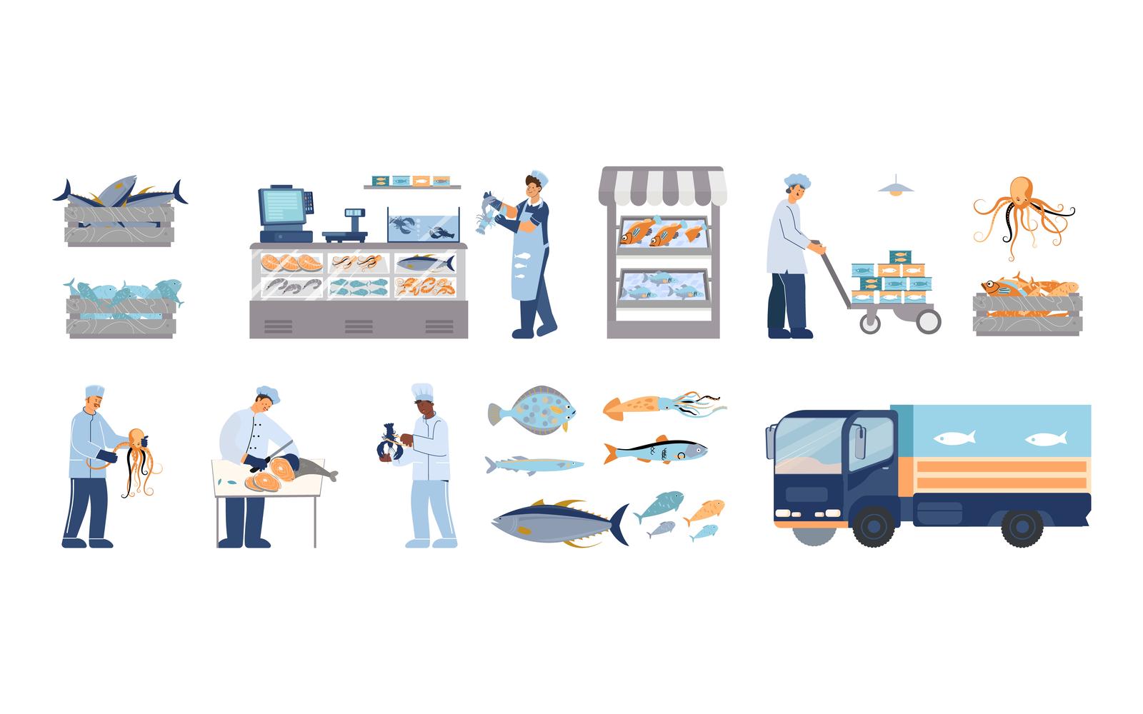 Seafood Market Shop Set Flat Vector Illustration Concept
