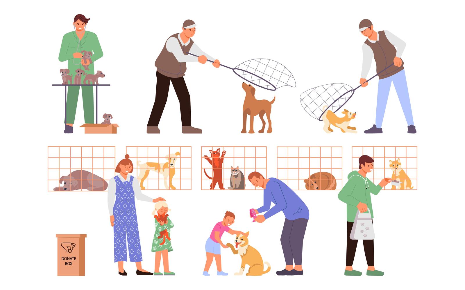 Shelter Animals Set Flat Vector Illustration Concept