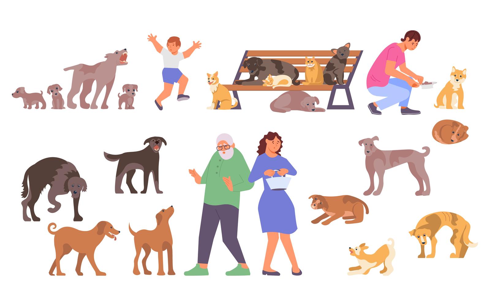 Homeless Animals Set Flat Vector Illustration Concept