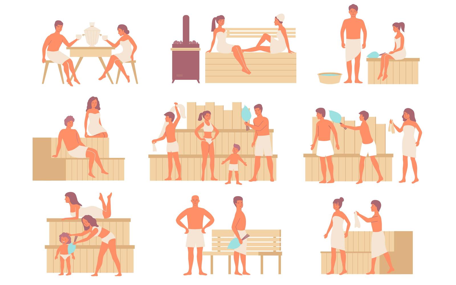 Bath Public Sauna Set Flat Vector Illustration Concept