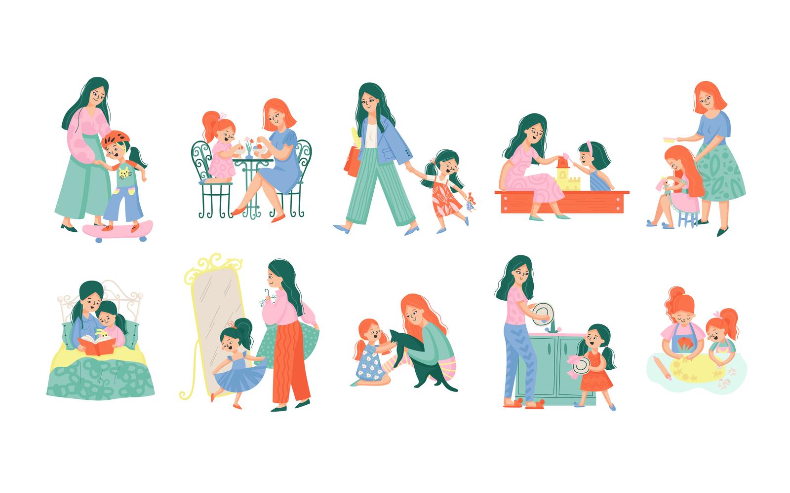 Mother And Daughter Color Set Vector Illustration Concept