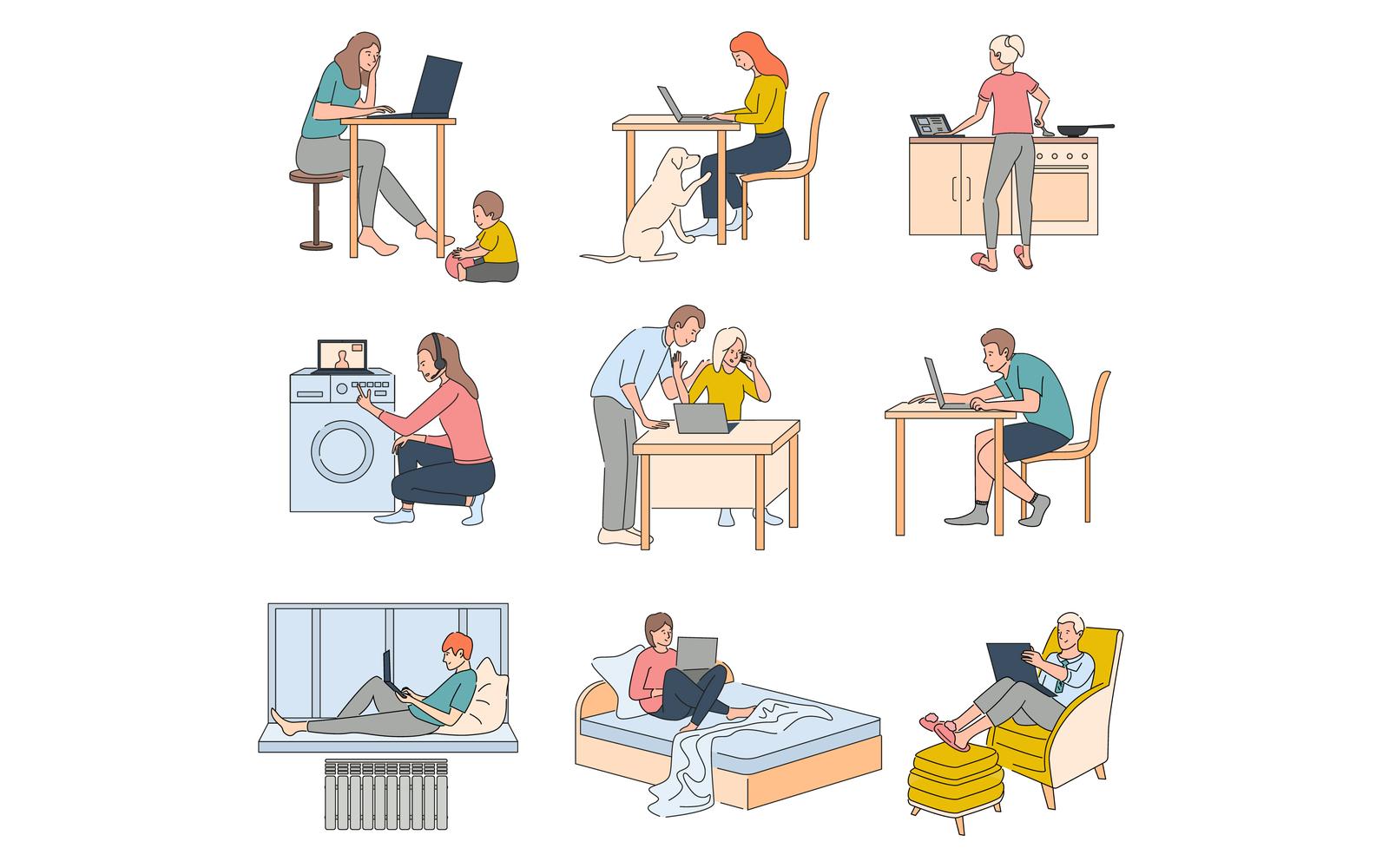 Work At Home Problems Flat Set Vector Illustration Concept