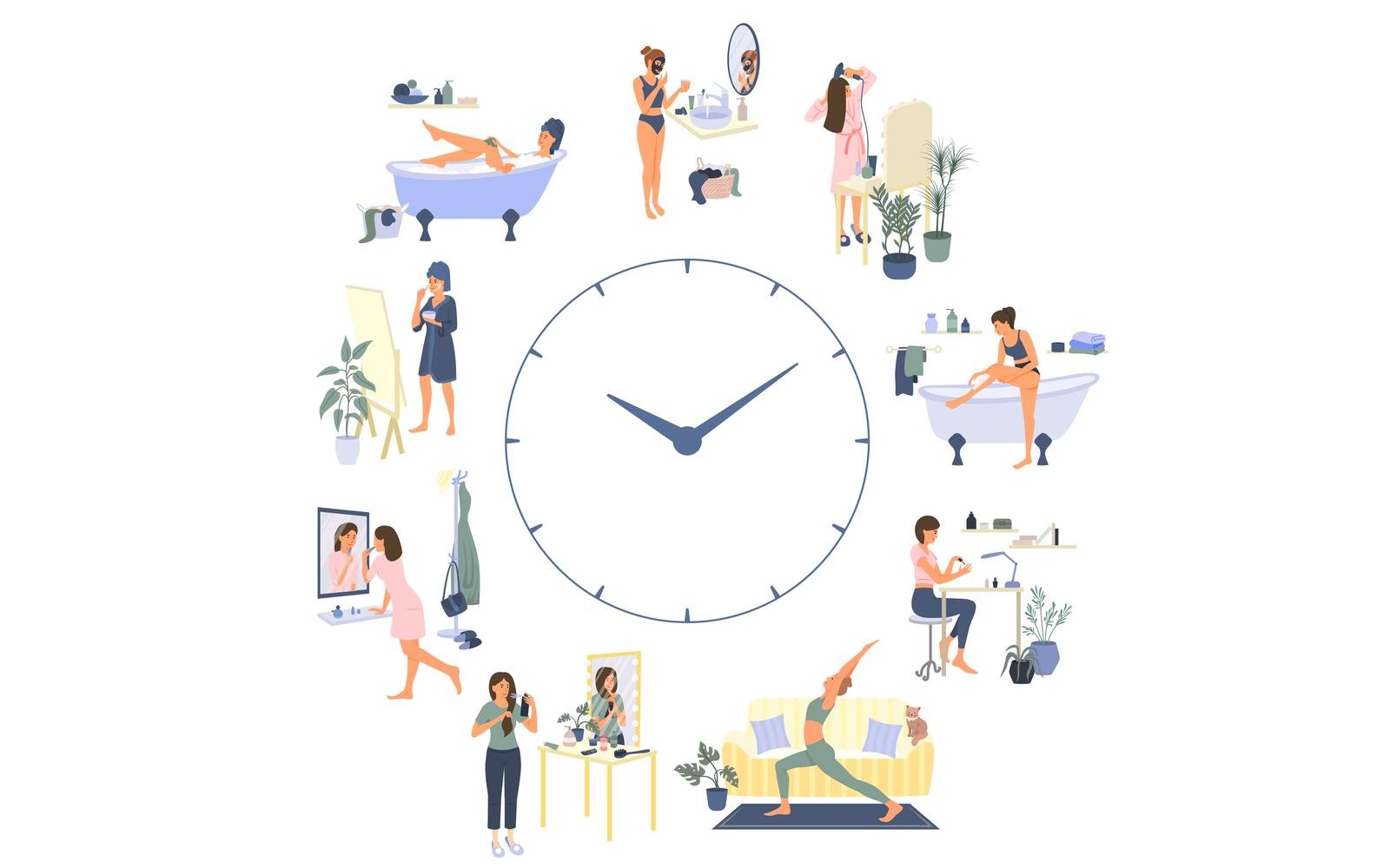 Home Beauty Routine Time Flat Composition Vector Illustration Concept