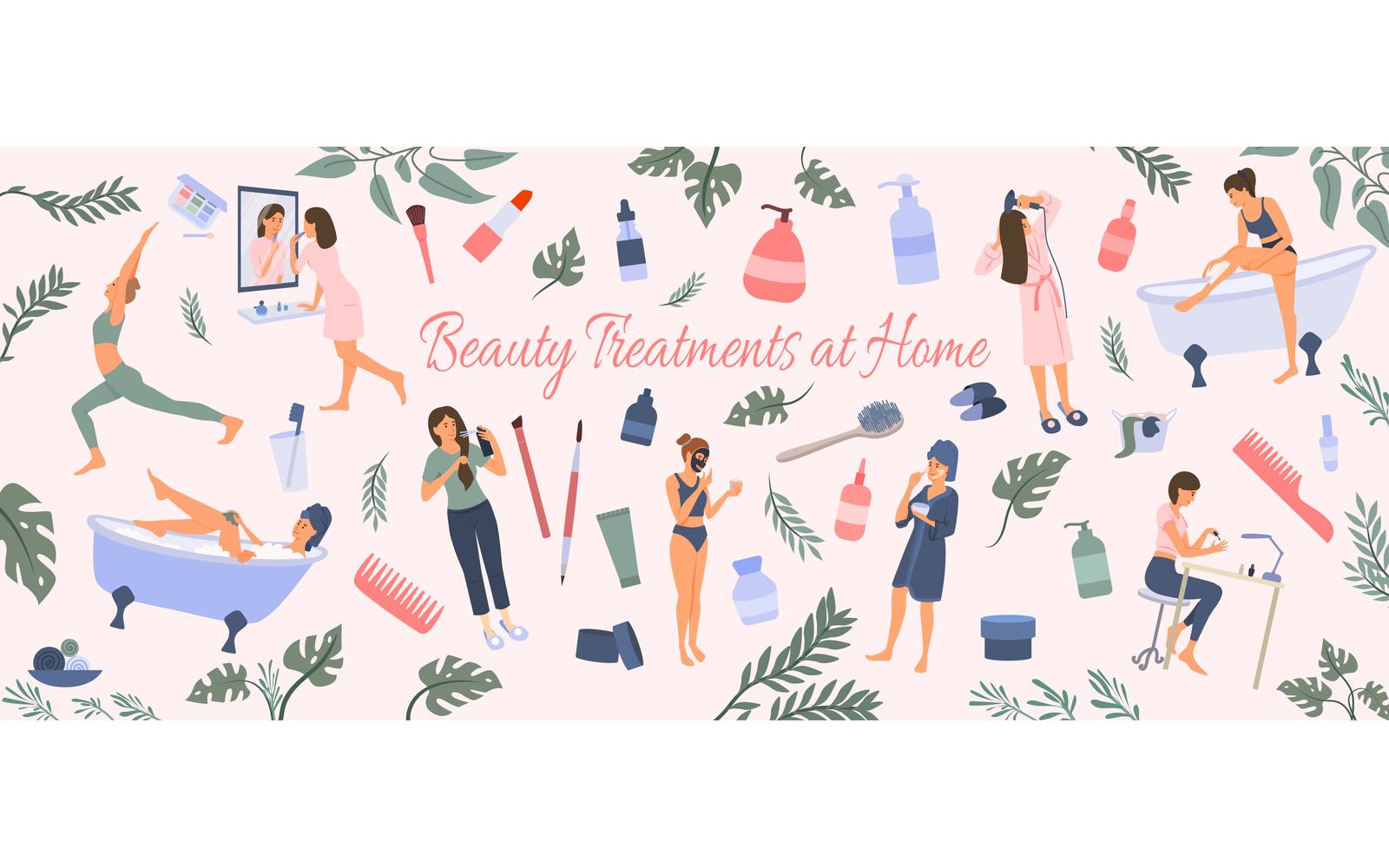 Home Beauty Routine Stay At Home Flat Composition Vector Illustration Concept