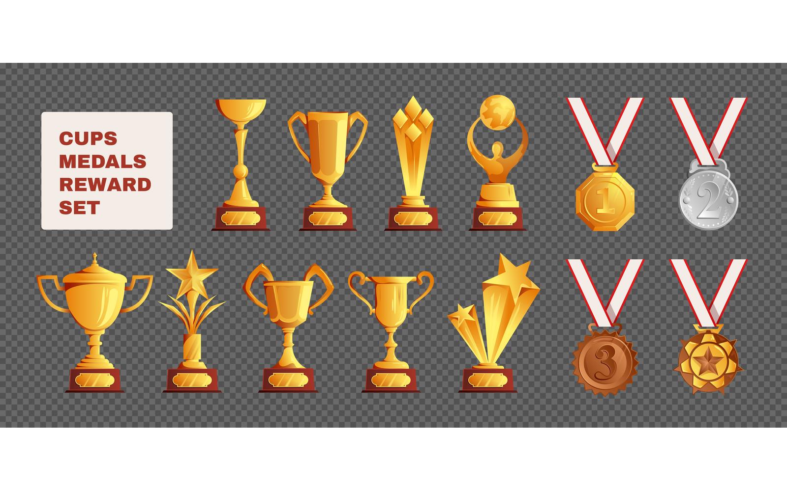 Cups Medals Reward Horizontal Set Vector Illustration Concept