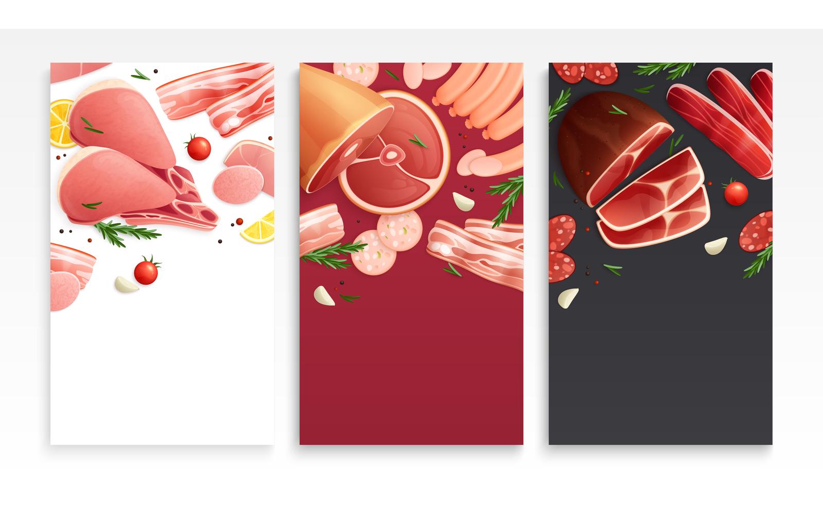 Meat Products Flat Cards Vector Illustration Concept