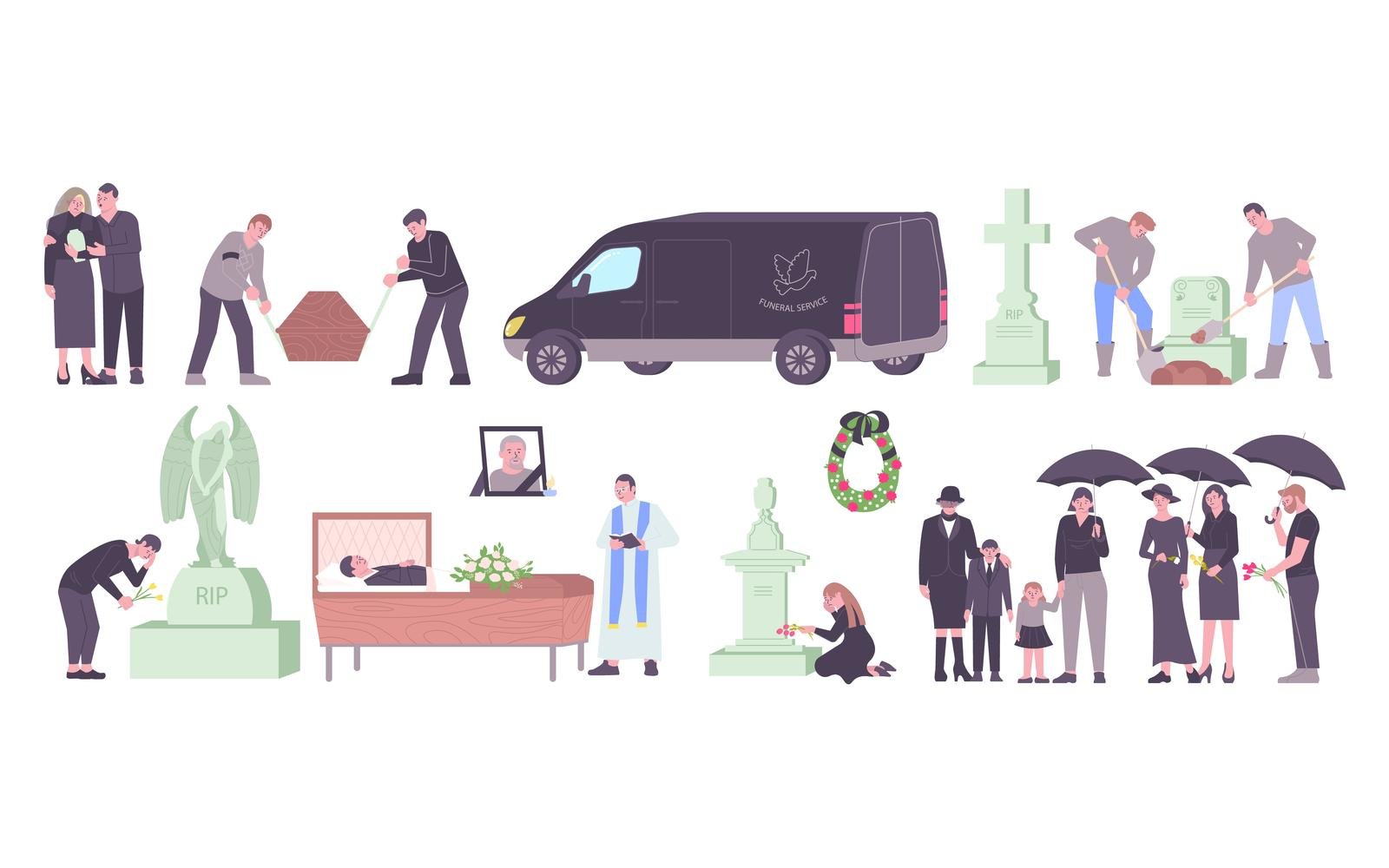 Funeral Service Set Flat Vector Illustration Concept