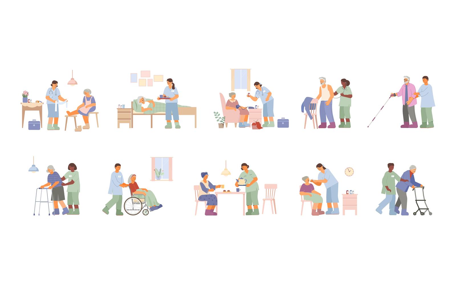 Elderly Care Home Nurse Caregiver Set Flat Vector Illustration Concept