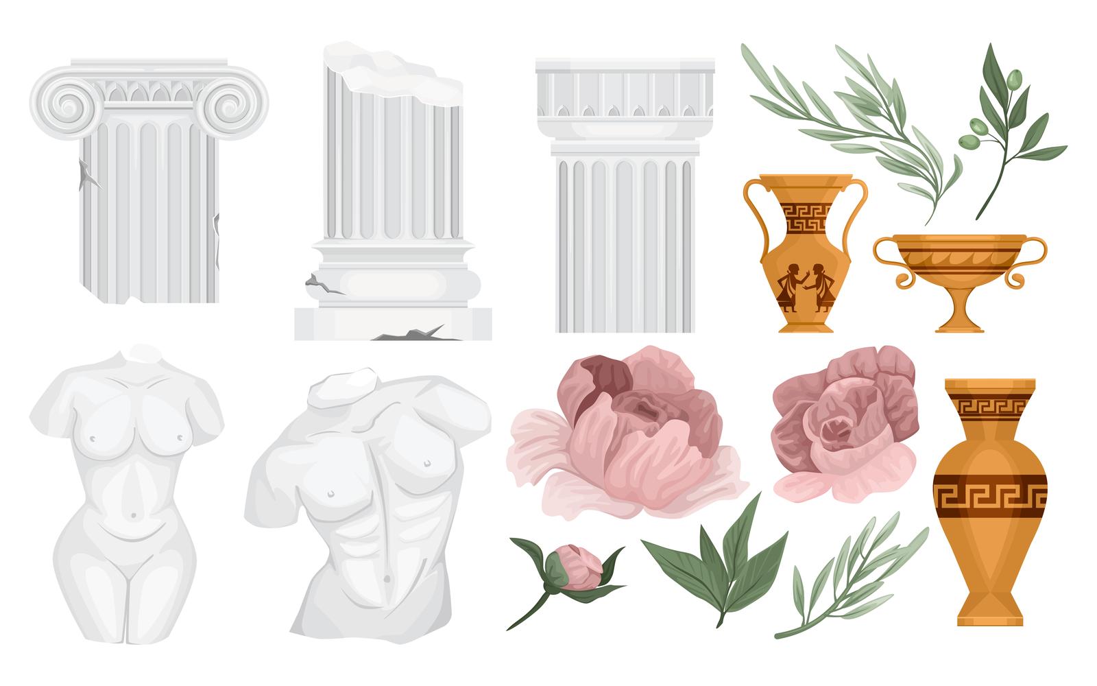 Antique Greek Columns Flowers Set Vector Illustration Concept