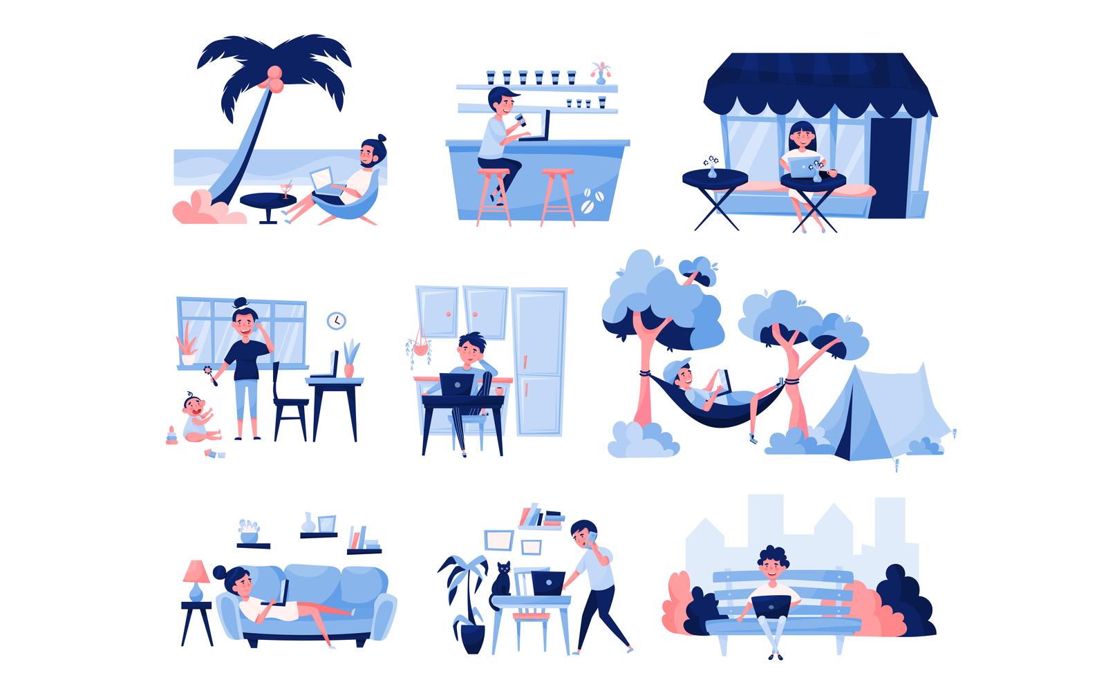 Freelance People Work Color Set Vector Illustration Concept