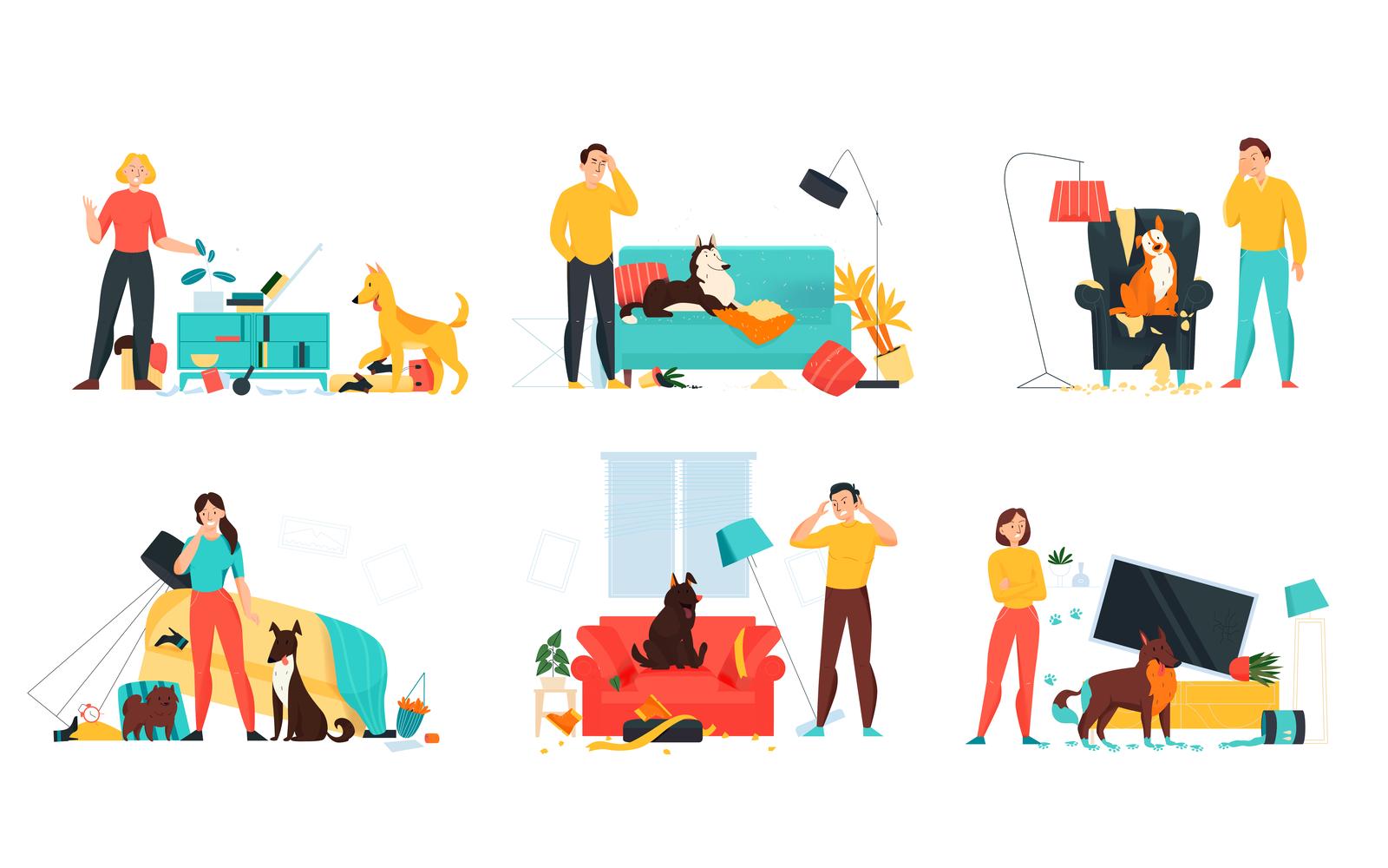 Problem Pet Dog Owner Color Set Vector Illustration Concept