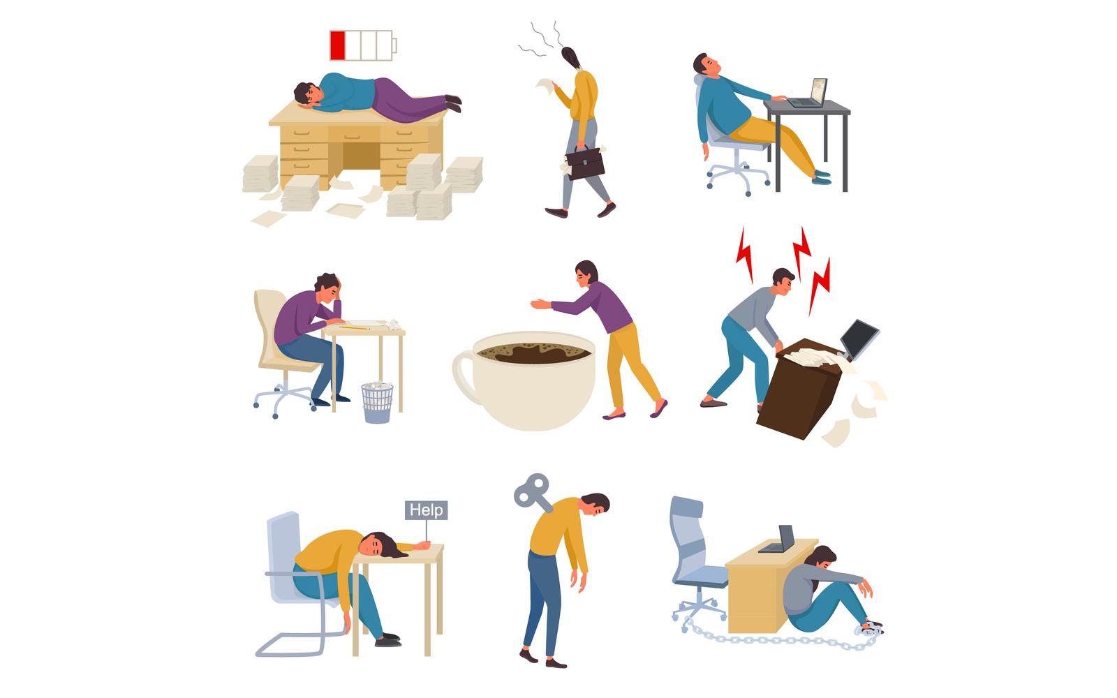 Professional Burnout Syndrome Flat Set Vector Illustration Concept
