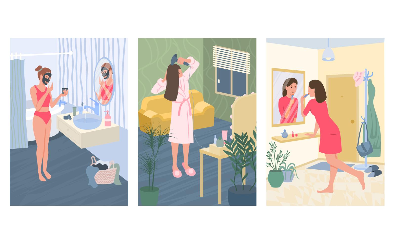 Home Beauty Routine Stay At Home Flat Cards Vector Illustration Concept