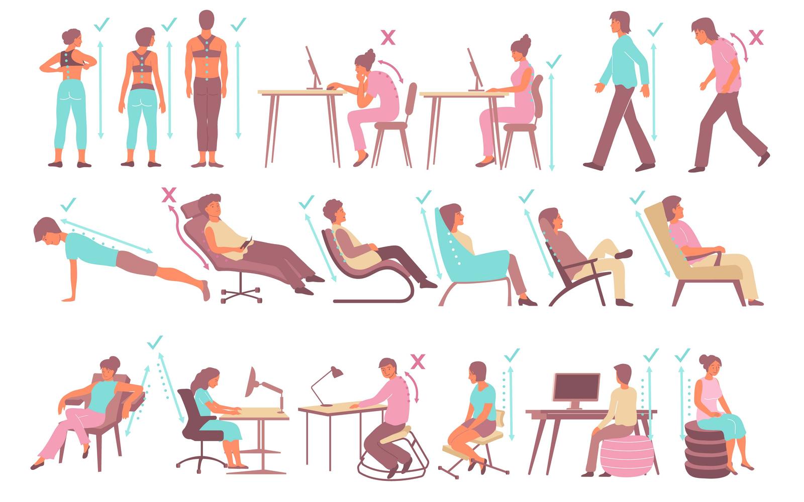 Correct Posture Set Flat Vector Illustration Concept