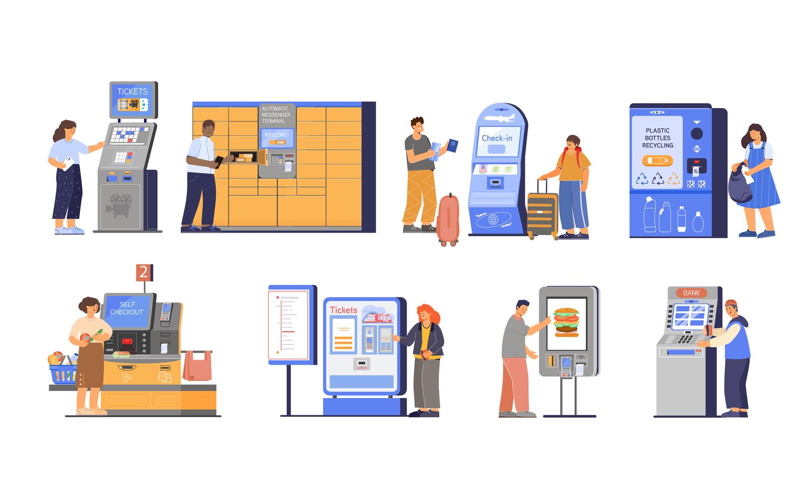 Self Service Set Flat Vector Illustration Concept