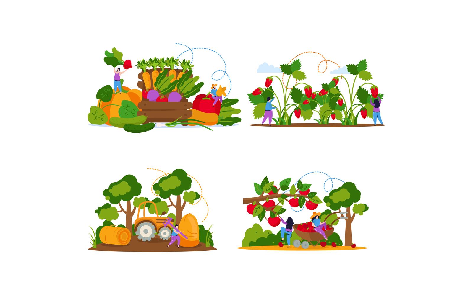 Harvesting Flat Composition 2 Vector Illustration Concept