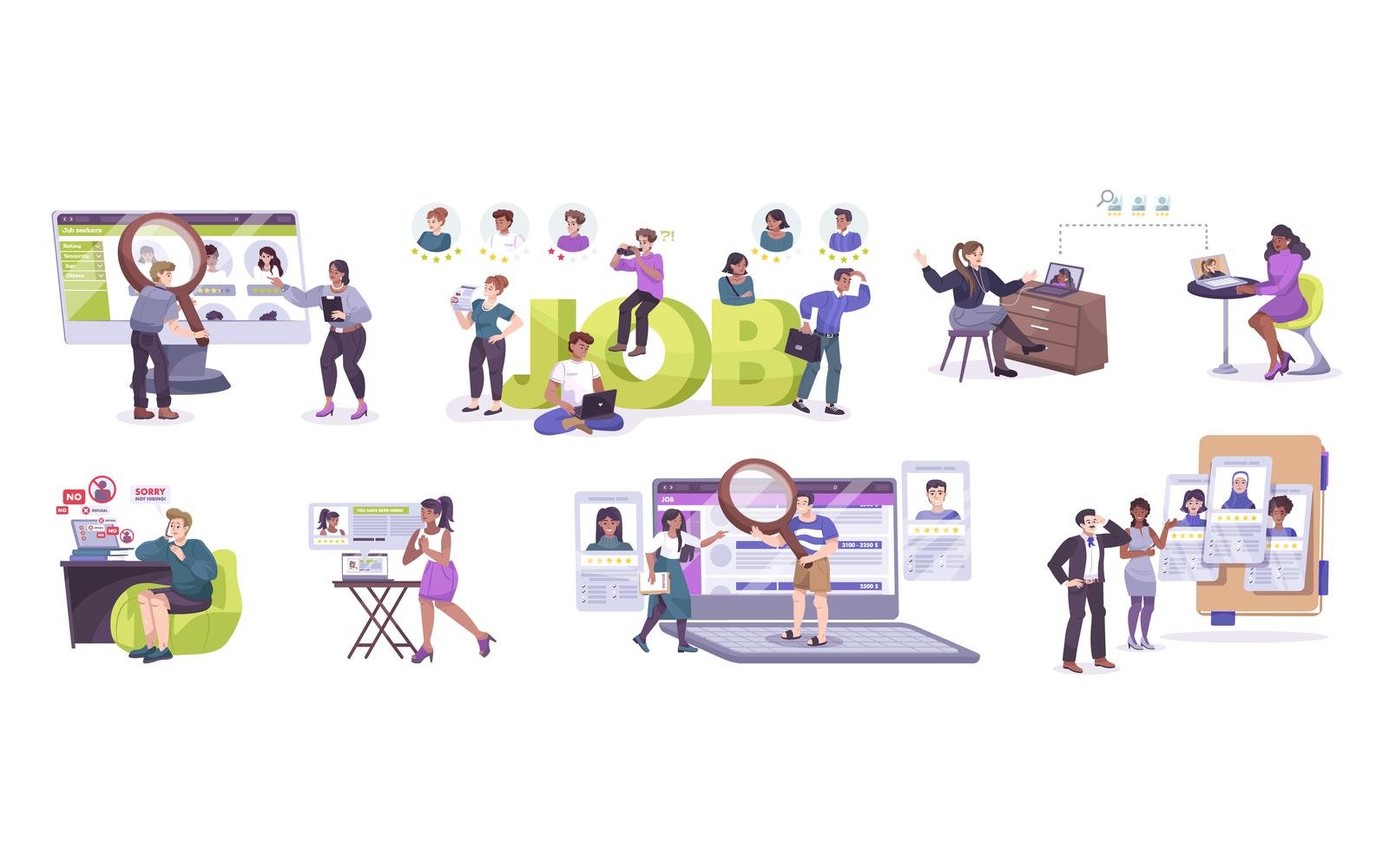 Online Job Search Set Flat Vector Illustration Concept