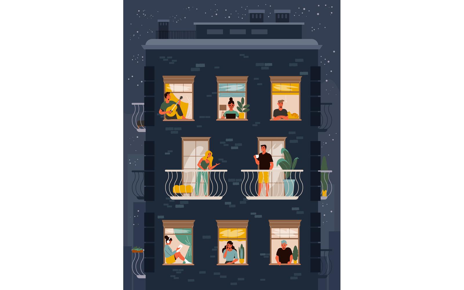 Windows Neighbours Night Illustration Vector Illustration Concept