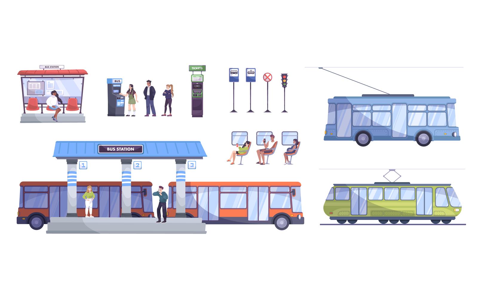 Transport Station Set Flat Vector Illustration Concept