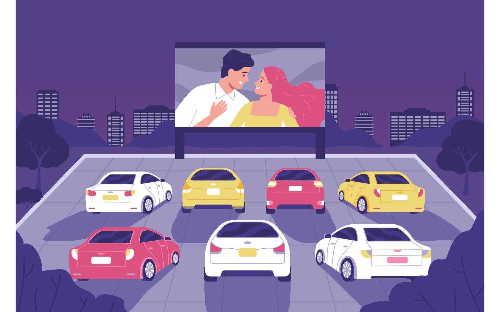 Open Air Cinema Car Vector Illustration Concept