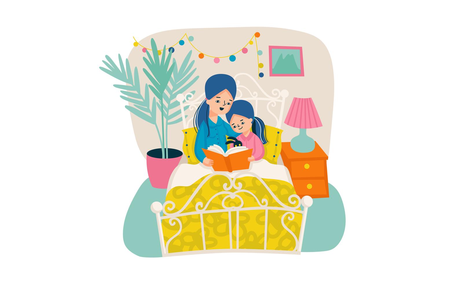 Mother And Daughter Reading Book Vector Illustration Concept