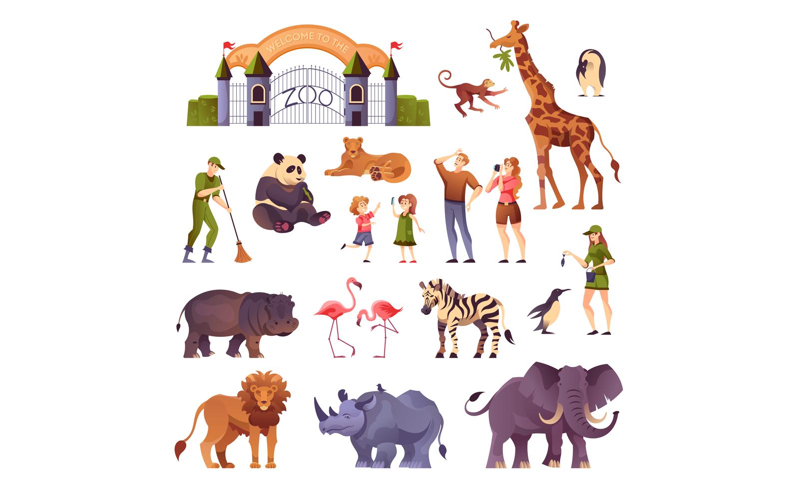 Zoo Animals People Set Vector Illustration Concept