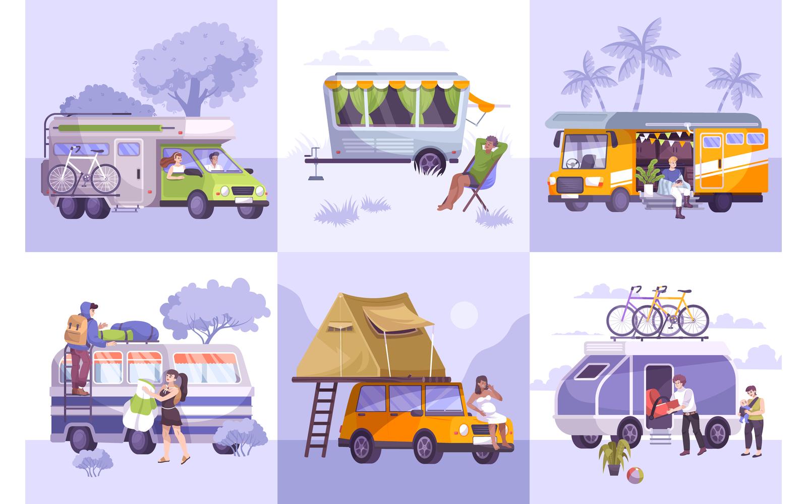 Camper Composition Set Flat Vector Illustration Concept