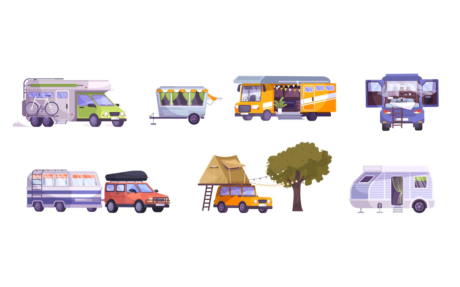 Camper Trailer Car Set Flat Vector Illustration Concept