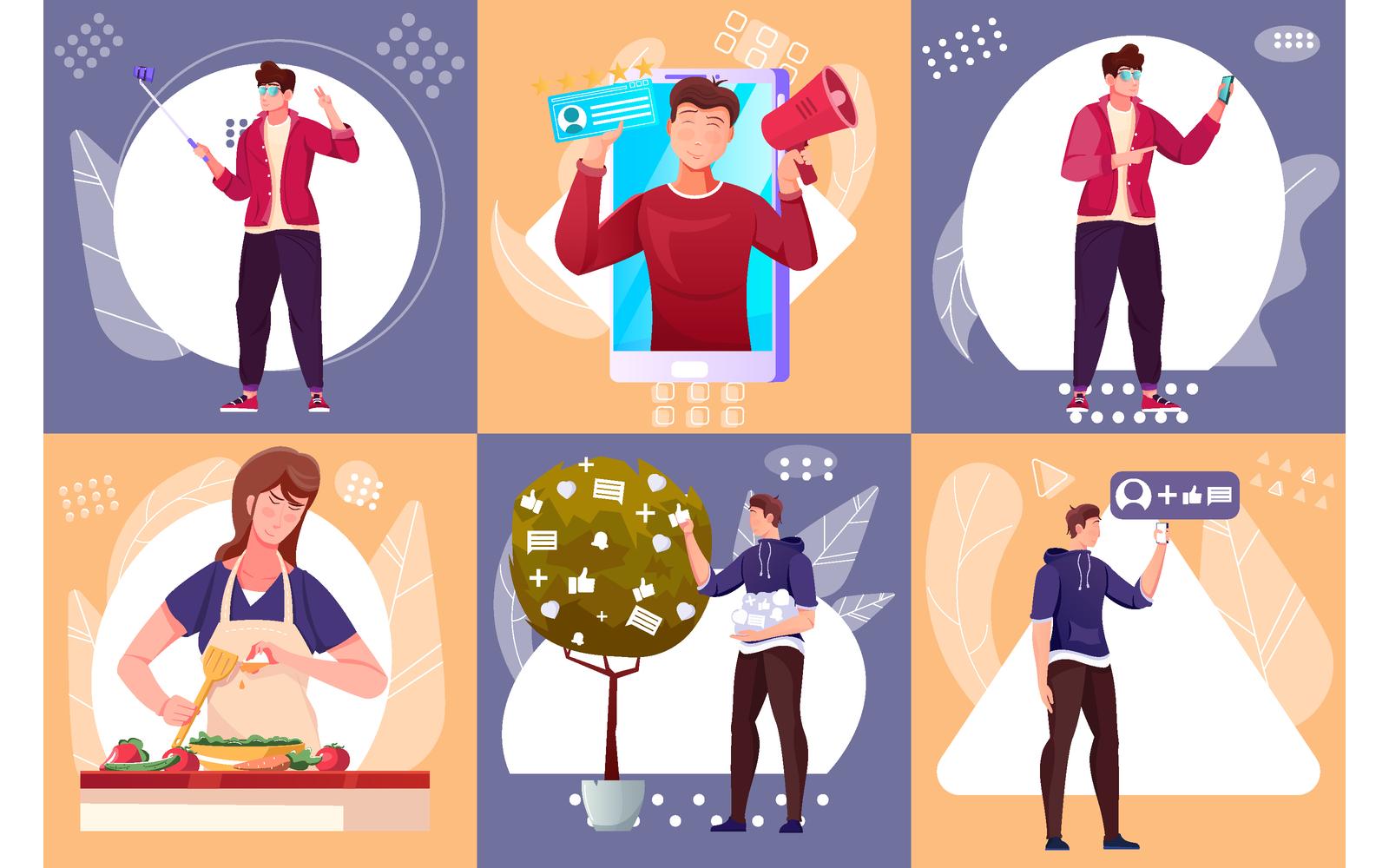 Blogger Composition Set Flat Vector Illustration Concept