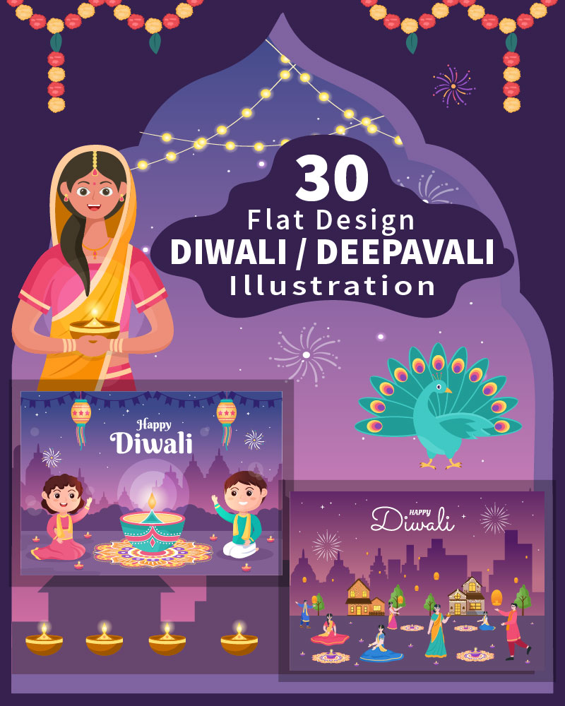 30 Indian Celebrating Diwali Day Illustration