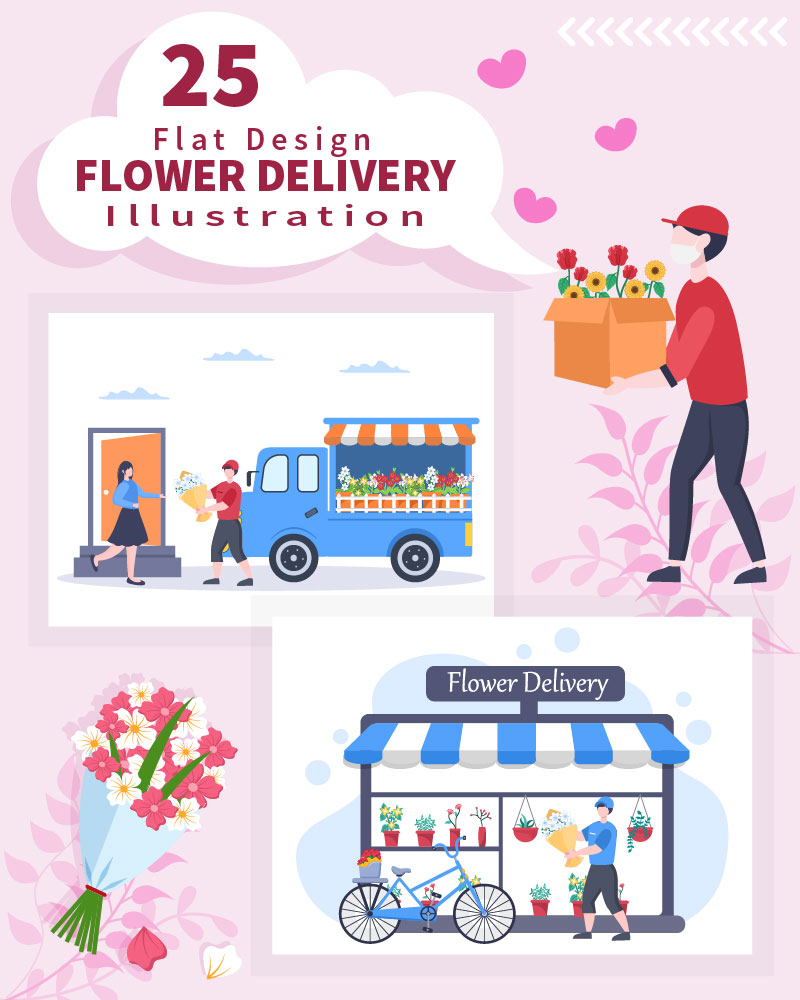 25 Flower Delivery Courier Service Online Vector Illustration