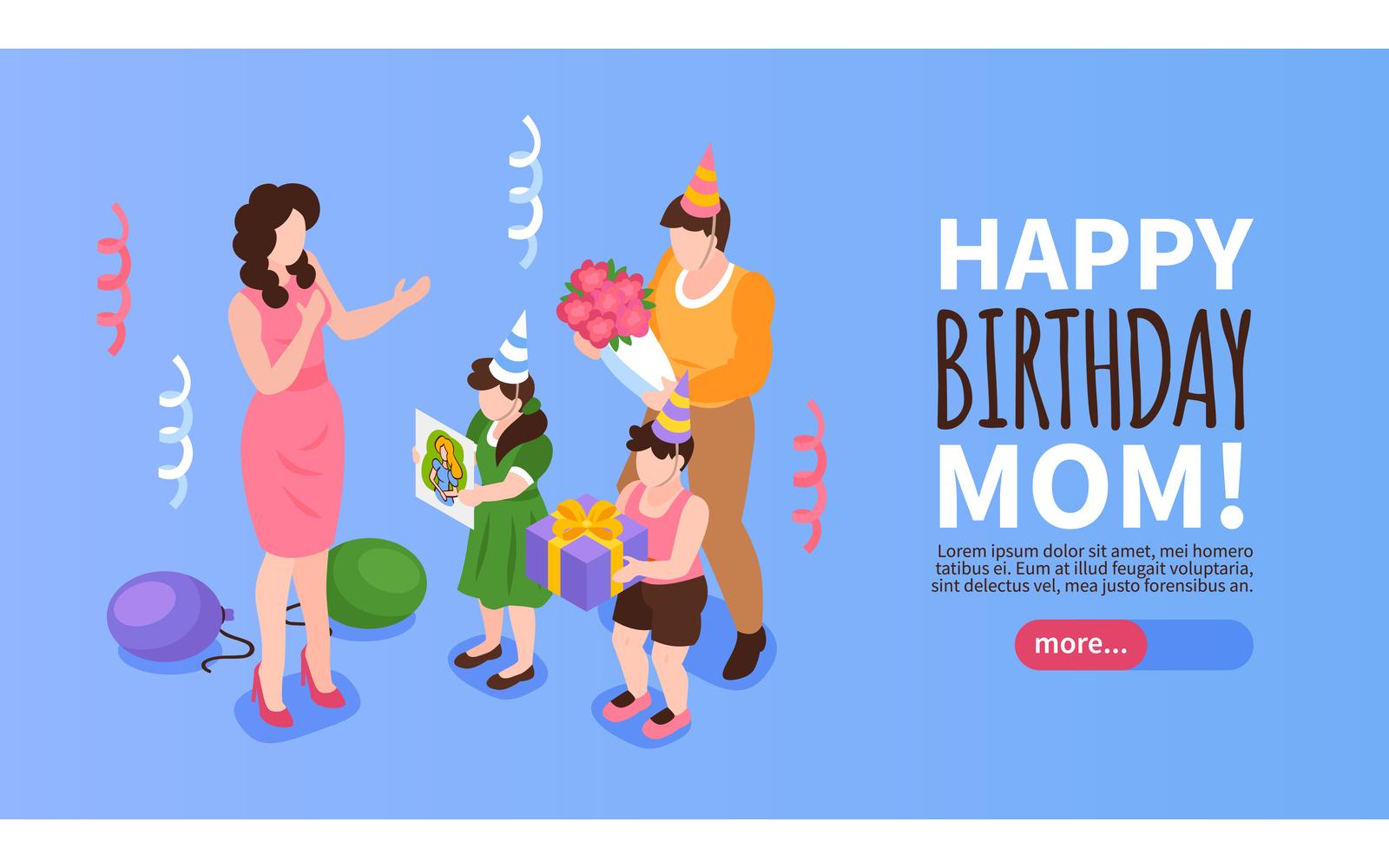 Isometric Birthday Congratulating Horizontal Banner Vector Illustration Concept