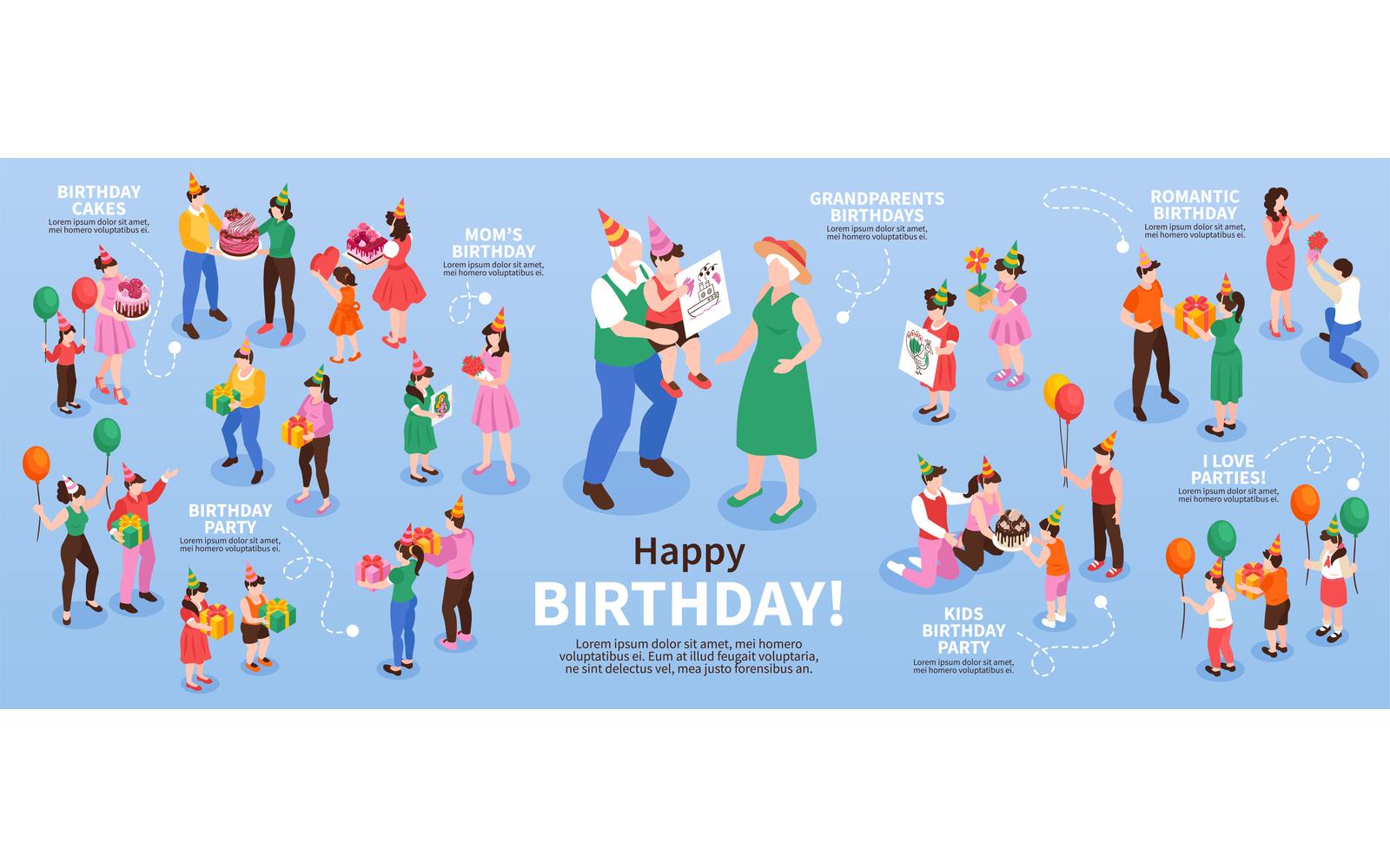 Isometric Birthday Congratulating Infographics Vector Illustration Concept