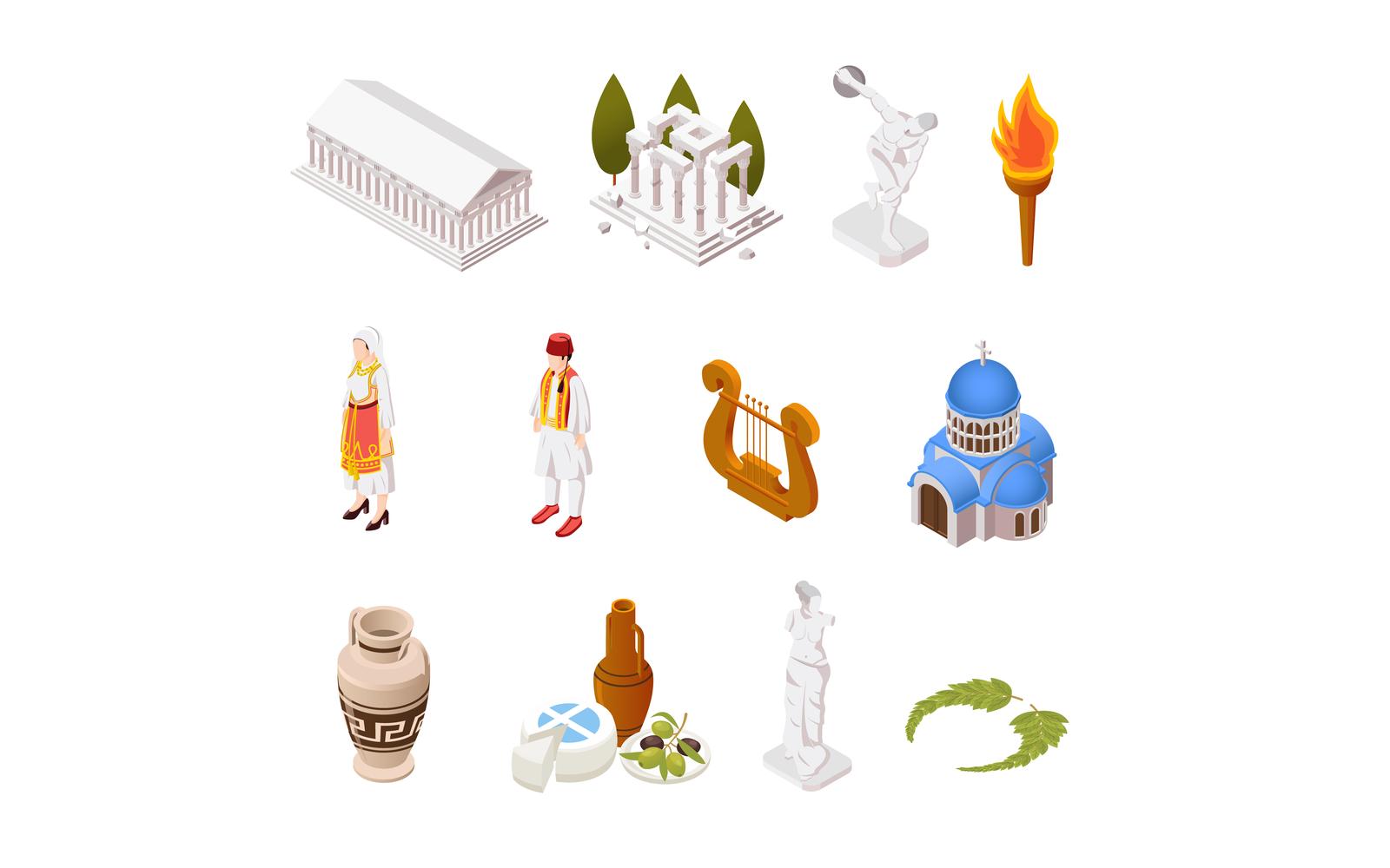 Greece Isometric Set Vector Illustration Concept