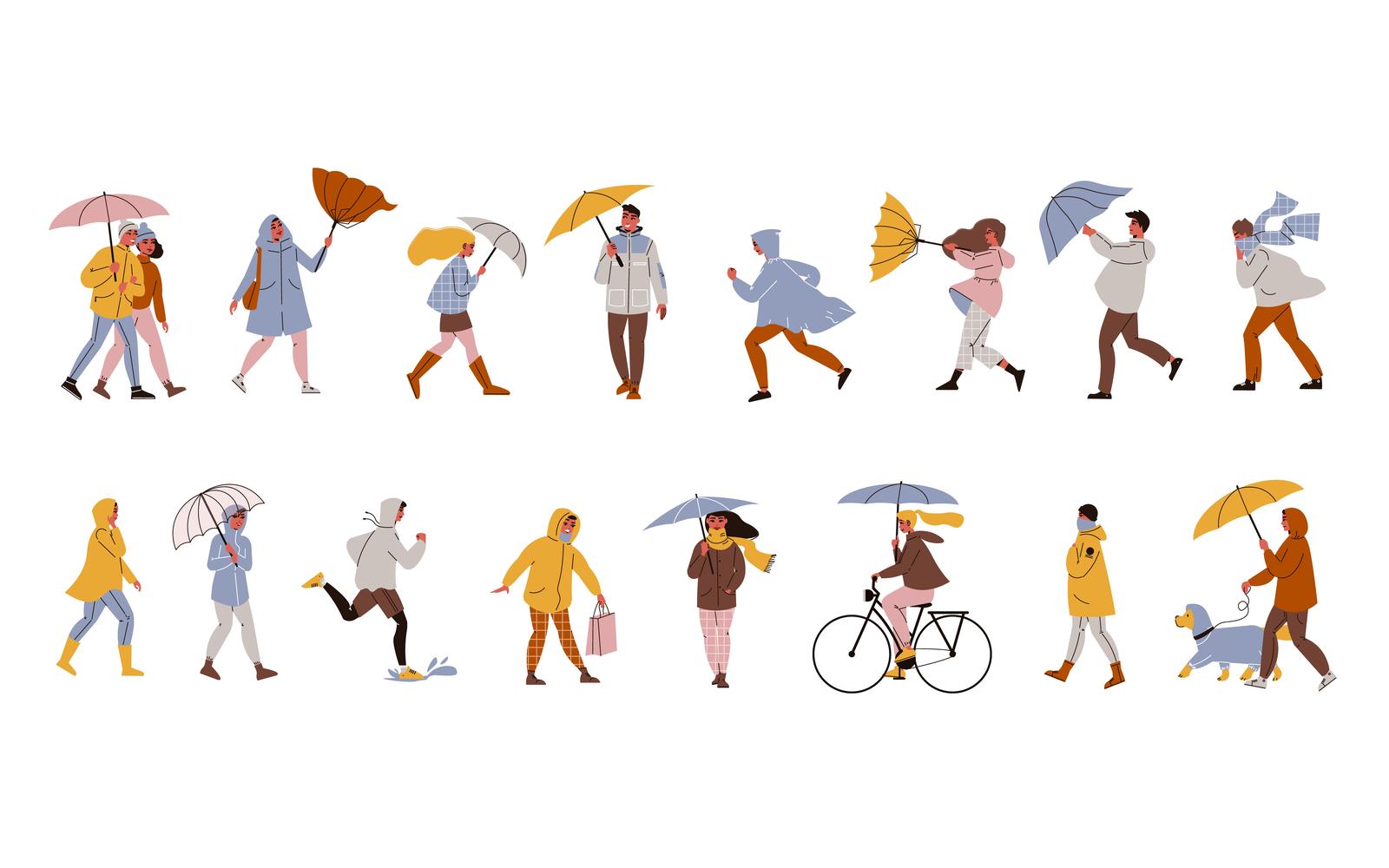 People Walking Umbrella Set Vector Illustration Concept