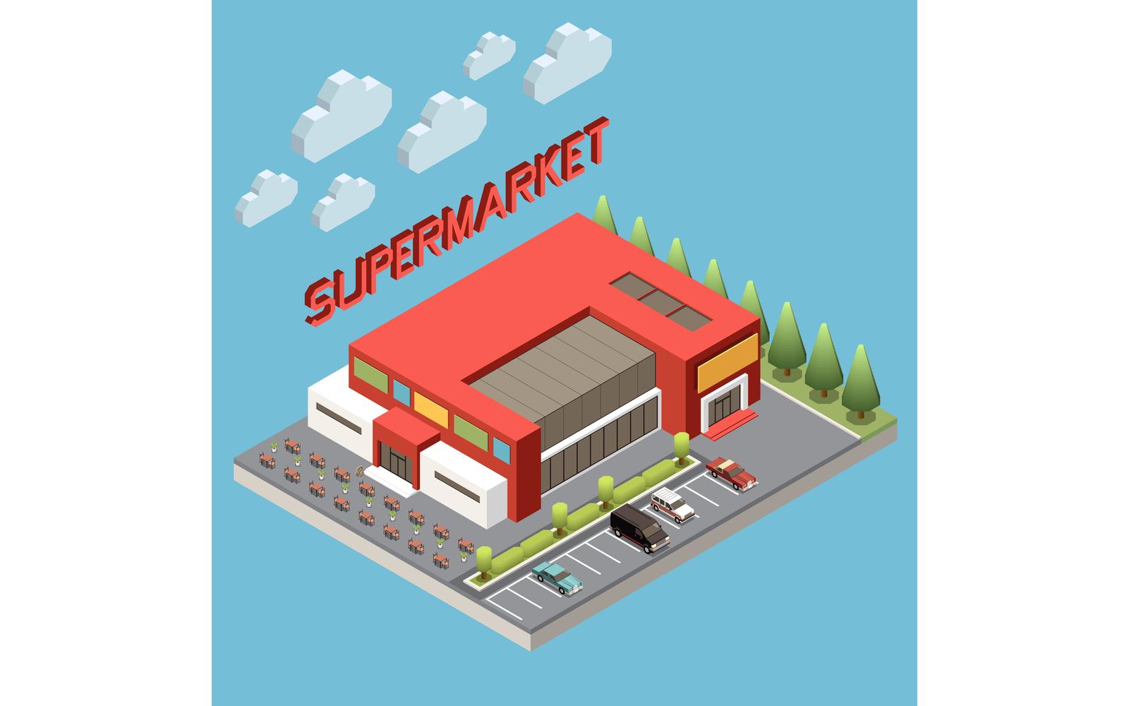 Shopping Mall Supermarket Buildings Isometric 3 Vector Illustration Concept