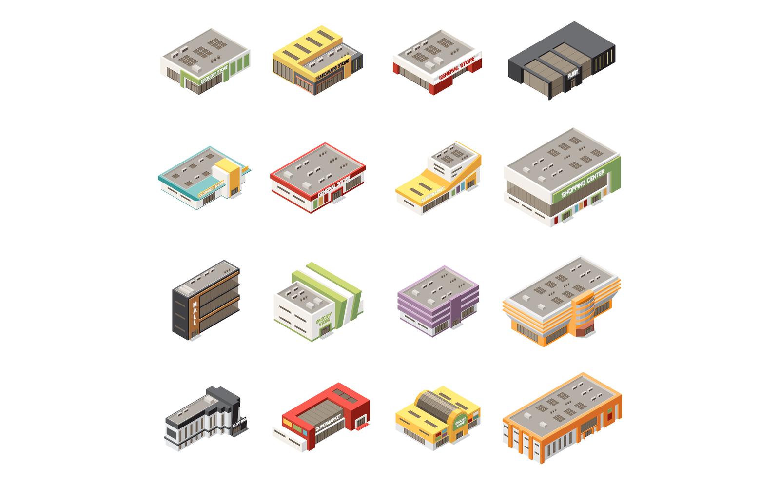 Shopping Mall Supermarket Buildings Isometric Set Vector Illustration Concept