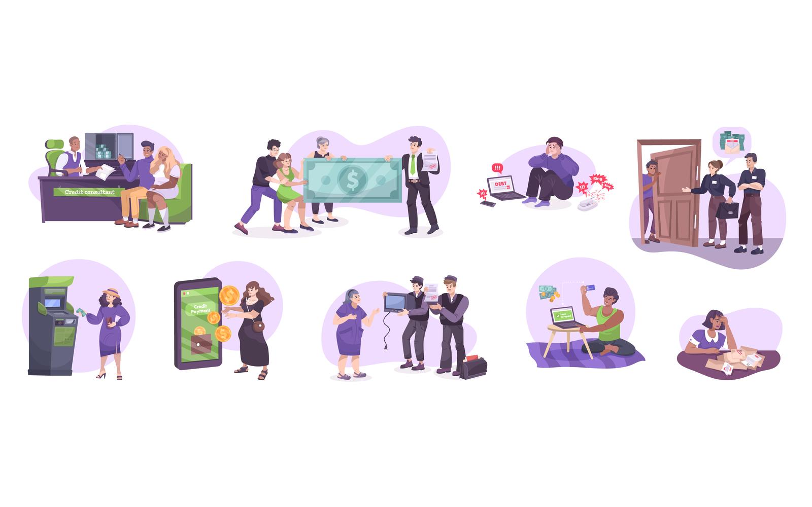 Credit Paid Bank Flat Set Vector Illustration Concept