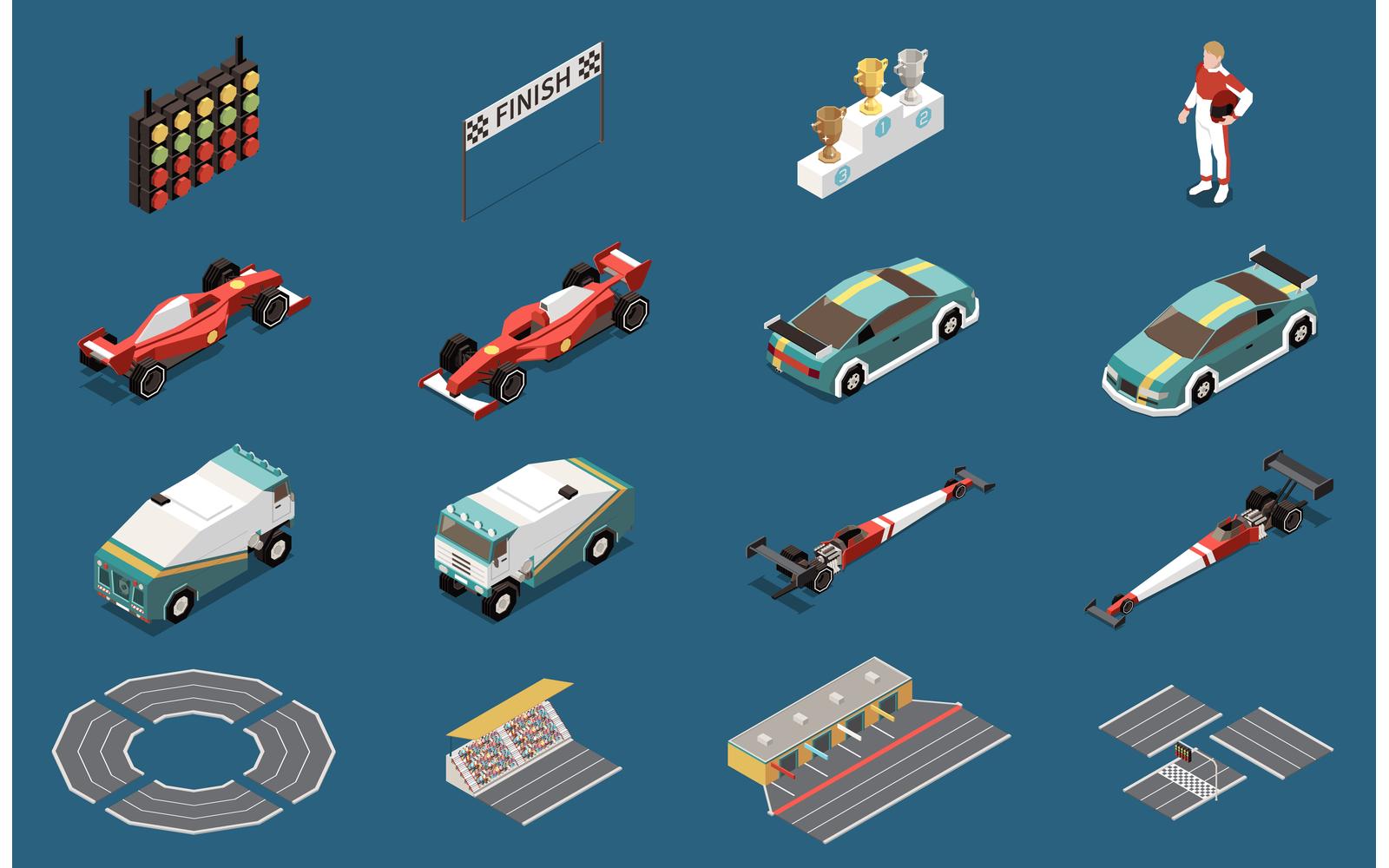 Car Race Isometric Set Vector Illustration Concept