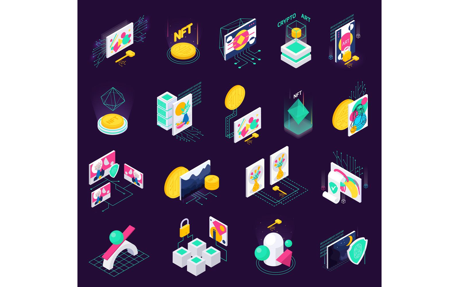 Cryptographic Art Crypto Art Nft Isometric Set Vector Illustration Concept