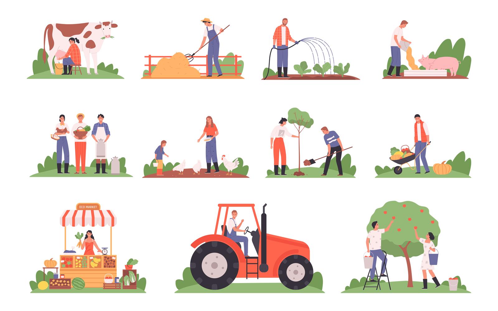 Agricultural Farm Harvesting People Set Vector Illustration Concept